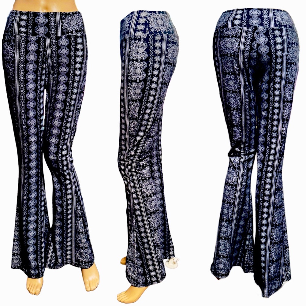 “NEW” 
Stretch Bell Bottom Pants, Wide Waist,
Motif pattern Yoga Pants